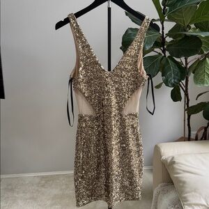 BEBE Attractions Gold mini sequin cocktail dress, XXS